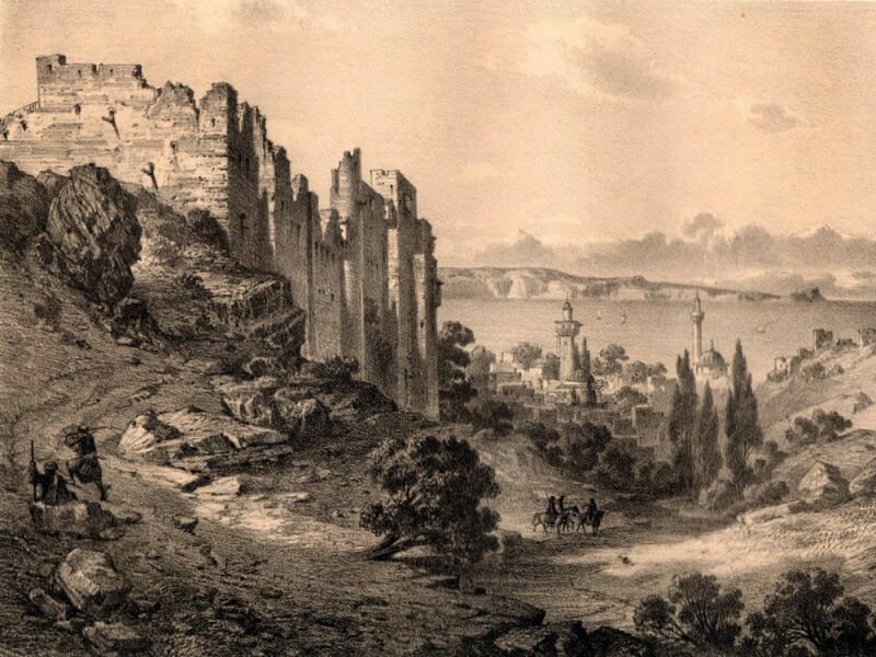 The Tripoli Citadel overlooking the Abou Ali River. Eugene Flandin Lithography (1853 CE).