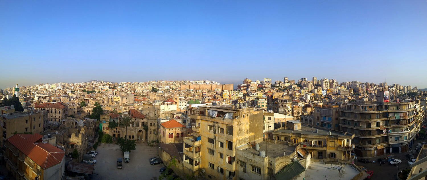 Panoramic view of the Tripoli Citadel (center top) featuring the Qobbeh (left top) and Abou Samra districts (right top).