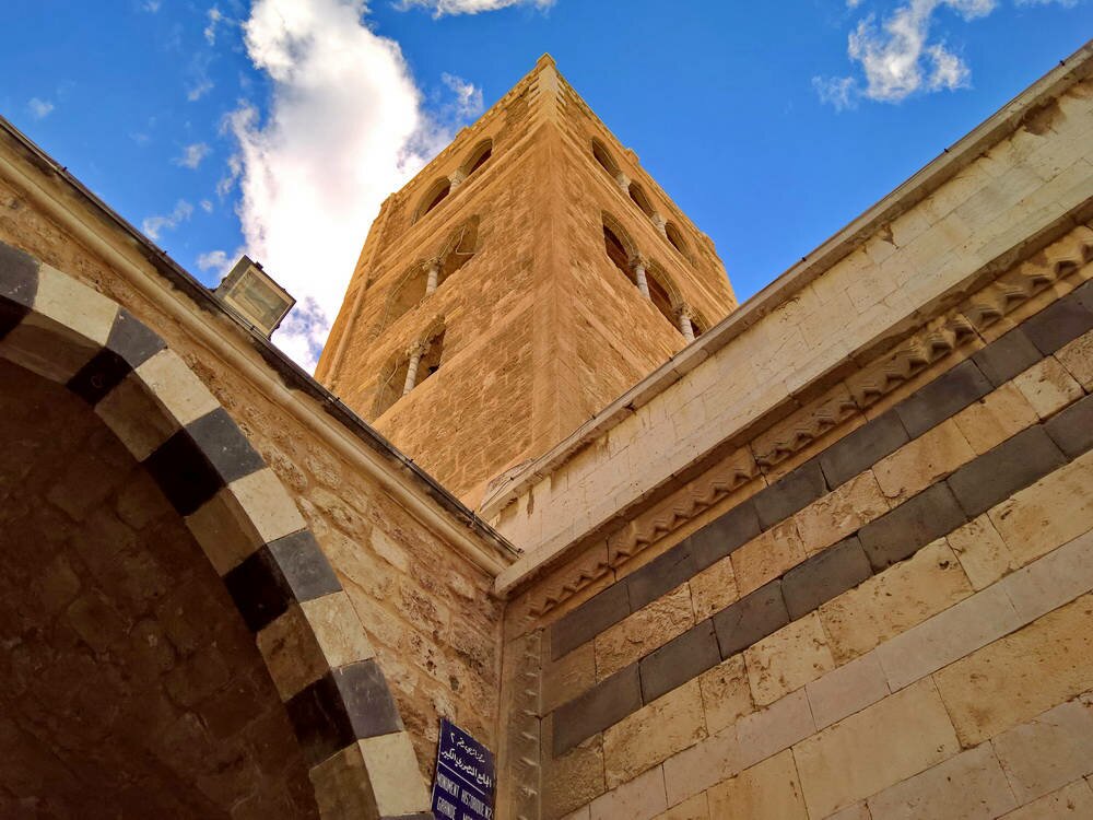 The minaret of the Mansouri Great Mosque as viewed from the main portal.